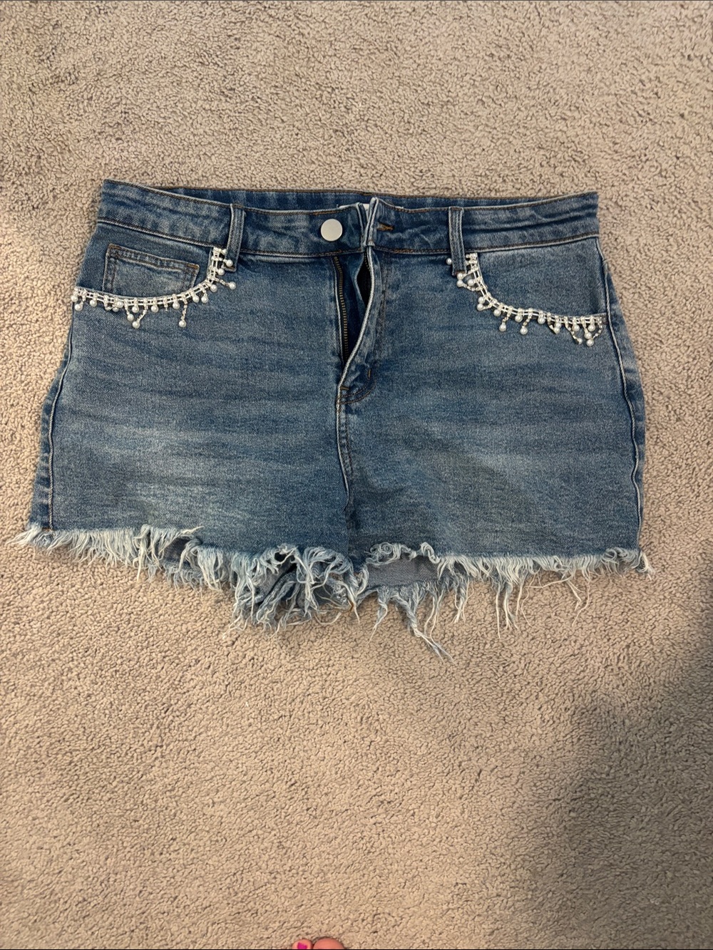 ARULA Blue Denim Jean Shorts with Rhinestone Pocket Trim